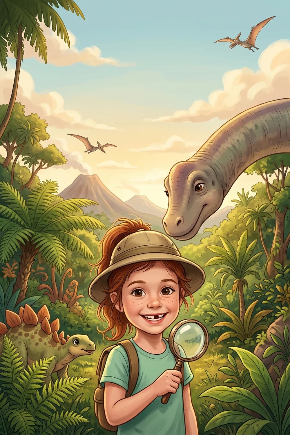 Coperta cărții „Andreea, exploratoarea dinozaurilor”, o carte personalizată pentru Andreea