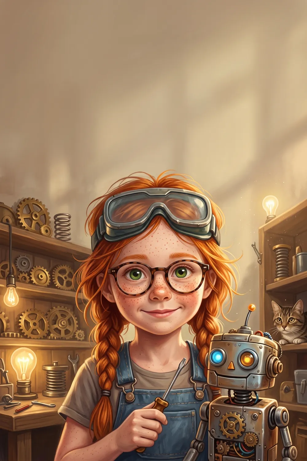 Coperta cărții „Elena și robotelul din atelier”, o carte personalizată pentru Elena