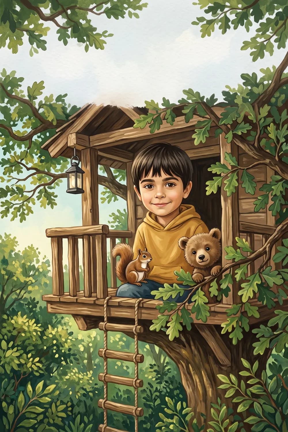 Coperta cărții „Luca și căsuța din copac”, o carte personalizată pentru Luca