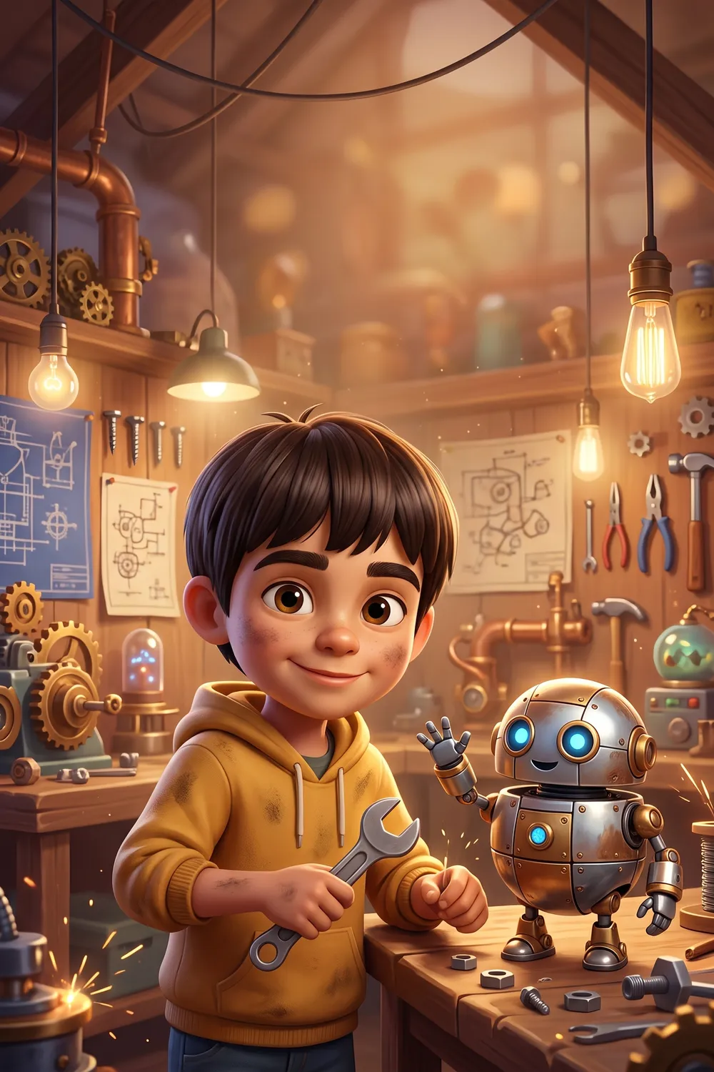 Coperta cărții „Atelierul de roboți și Șurubel”, o carte personalizată pentru copii cu roboți