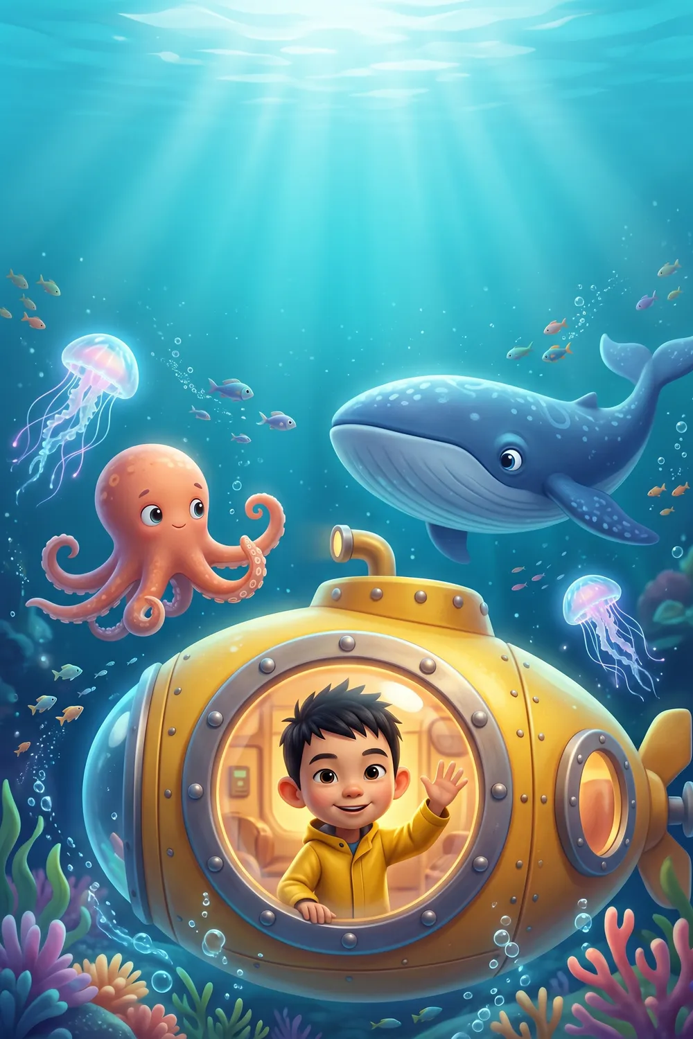 Coperta cărții „Ioan și submarinul galben”, o carte personalizată pentru Ioan